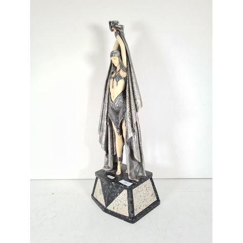 509 - An Art Deco style resin female figurine with pewter finish cloak on marble base - approx. 57cm high