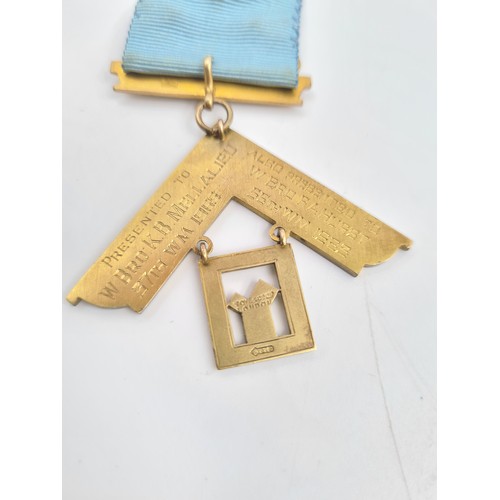 127 - A 9ct gold Vernon Lodge No. 5117 Masonic jewel presented to W. Bro K.B. Mellalieu 37th WM 1965 also ... 