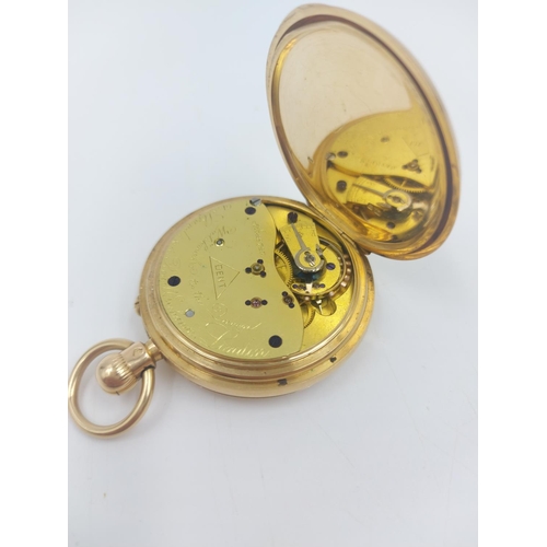 71 - A late 19th century Dent of London 18ct gold full hunter pocket watch with white enamel dial, Roman ... 