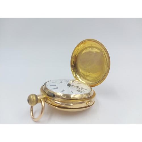 70 - A late 19th century Swiss 18ct gold full hunter repeater pocket watch with white enamel face, Roman ... 