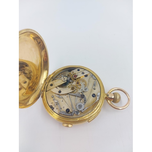 70 - A late 19th century Swiss 18ct gold full hunter repeater pocket watch with white enamel face, Roman ... 