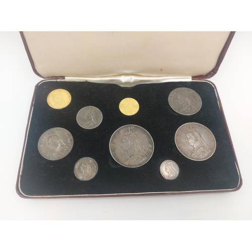 205 - An 1887 Queen Victoria Golden Jubilee nine piece coin set comprising full sovereign, ½ sovereign, on... 