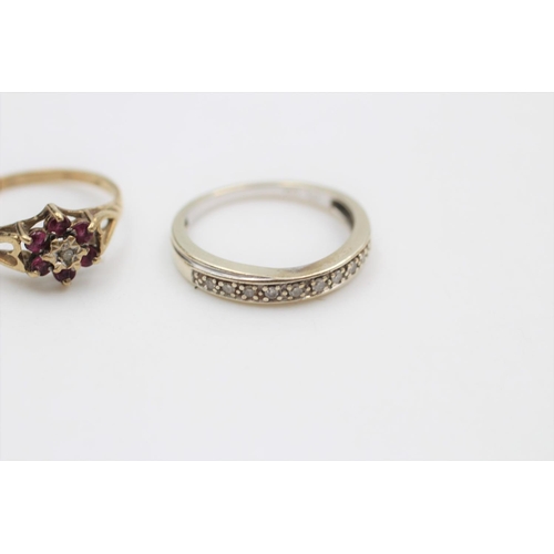 3 - Two 9ct gold rings, one yellow gold diamond & ruby cluster, size J ½ and one white gold channel set,... 