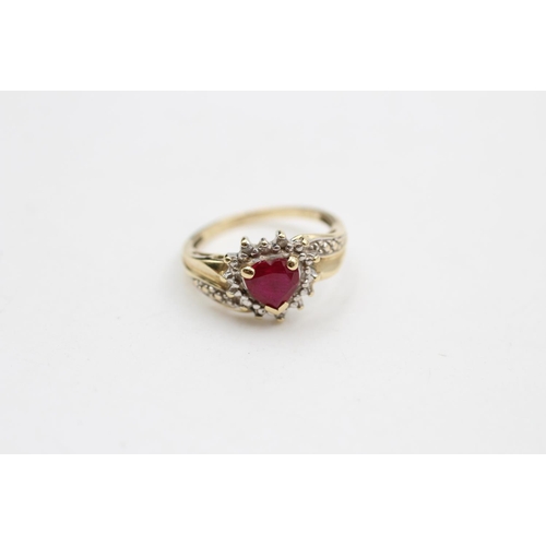 35 - A 9ct gold synthethic ruby & diamond heart halo ring, size M - approx. gross weight 2.3 grams