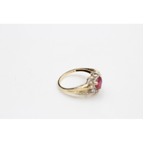 35 - A 9ct gold synthethic ruby & diamond heart halo ring, size M - approx. gross weight 2.3 grams