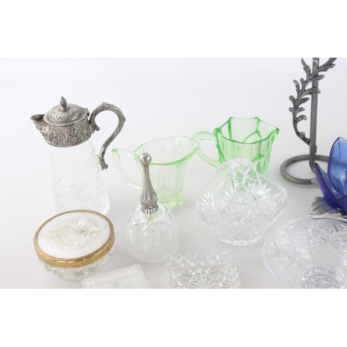 254 - A collection of assorted vintage glassware to include two green glass jugs, cut crystal basket,  Roy... 