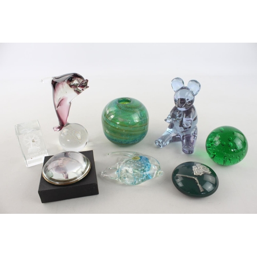 264 - A collection of eight assorted art glass paperweights to include Murano fish