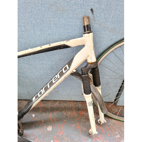 1212 - Three items, one black and white Carrera Crossfire aluminium bicycle frame with front suspension, on... 