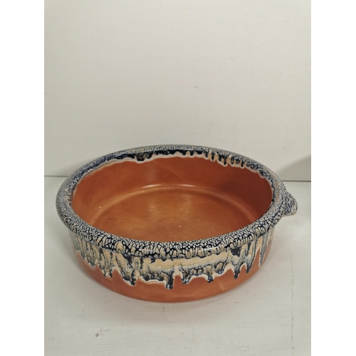 274A - Eight various drip glazed terracotta bowls, six 14.5cm, one 13cm twin handled and one 34cm dairy