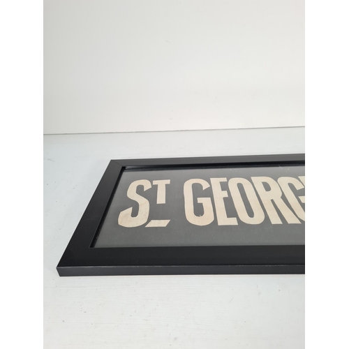 344 - A vintage framed St. George's Cross linen bus blind - approx. 67cm x 25cm