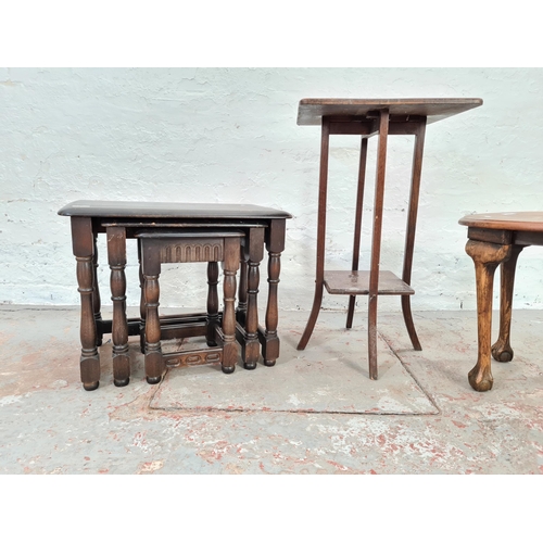 1013 - Three assorted pieces of furniture, oak nest of three table, oak oval side table on ball and claw su... 