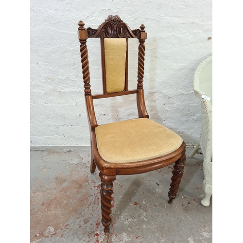 1020 - Three assorted pieces of furniture, oak side table, Lloyd Loom style white painted wicker tub chair ... 