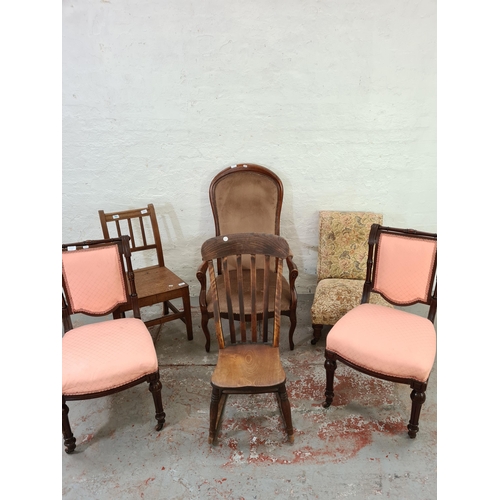 1022 - Six various chairs to include two mahogany dining chairs with pink upholstery, Victorian elm farmhou... 