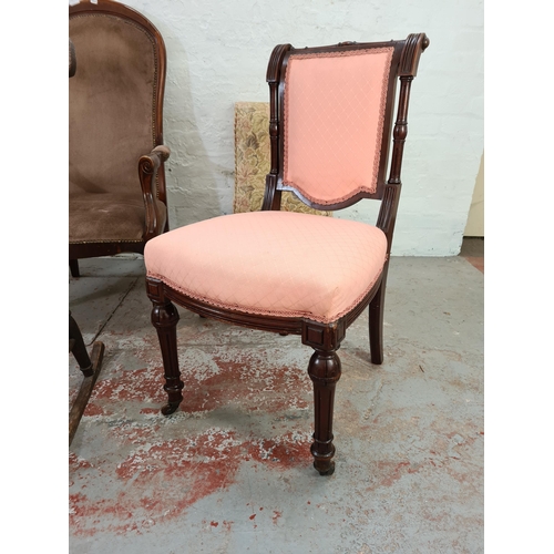 1022 - Six various chairs to include two mahogany dining chairs with pink upholstery, Victorian elm farmhou... 