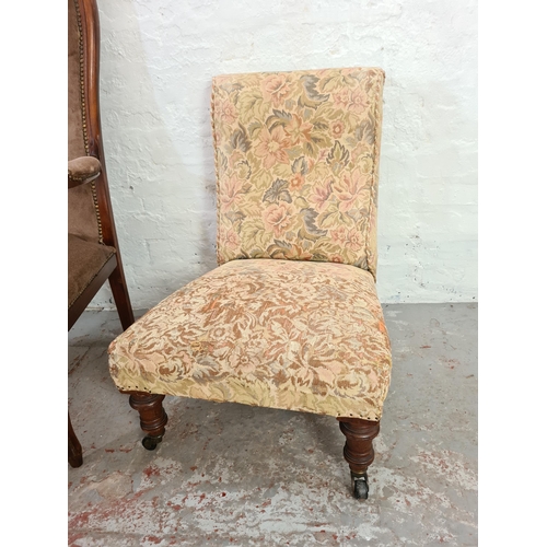 1022 - Six various chairs to include two mahogany dining chairs with pink upholstery, Victorian elm farmhou... 