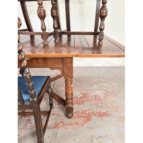 1025 - A 1920s/30s Denby & Spinks of Leeds oak draw leaf dining table with X frame stretcher and four oak b... 