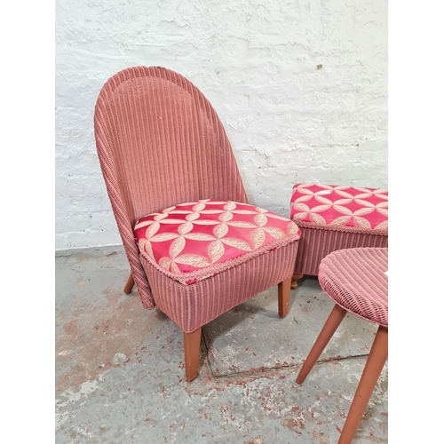 1038 - Three items, vintage Lloyd Loom Lusty pink painted wicker bedroom chair with matching blanket box an... 