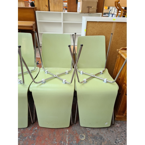 1059 - A set of eight modern green painted bentwood bistro dining chairs on chrome supports