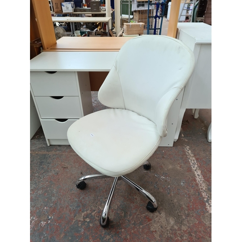 1082 - A modern white computer desk with three outer drawers and white leatherette swivels desk chair - des... 