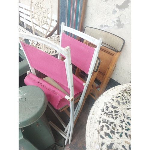 1228 - Nine items to include vintage folding wooden chairs, chrome gas lift bar stool with black seat, gree... 