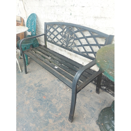 1230 - Two items, one black painted aluminum two seater garden bench - approx. 115cm long and one cast iron... 