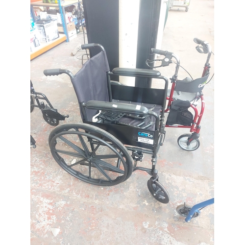 1248 - Three items of mobility equipment, one black Careco folding wheel chair and two folding walking aids