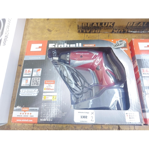 1302 - Two new boxed Einhell Expert TE-SD3.6LI cordless screwdrivers with batteries and chargers