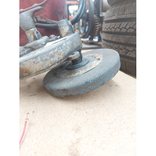 1318 - Two items, one red metal Alemite grease bucket with hand pump and one vintage mole clamp on manually... 