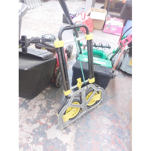 1342 - Two items, one folding two wheeled sack truck and one Gardenline 2in1 electric lawnraker/scarifier