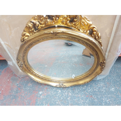 1408 - Five items to include three gilt framed bevelled edge mirrors, picture and a wooden tray