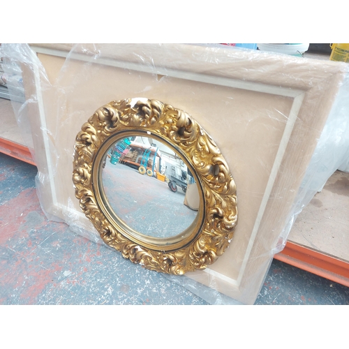 1408 - Five items to include three gilt framed bevelled edge mirrors, picture and a wooden tray