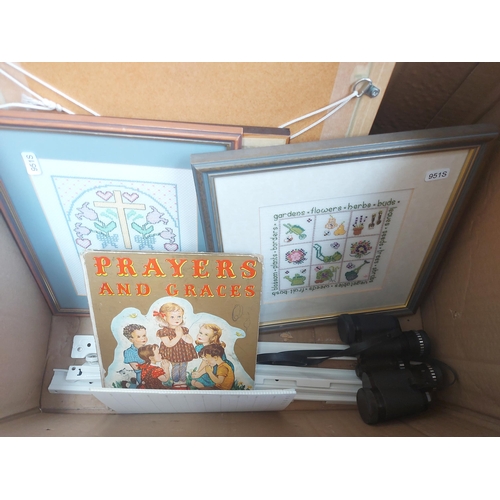 1411 - A box containing Prinzlux 8 x 30 binoculars, large quantity of various pictures, vintage prayers and... 