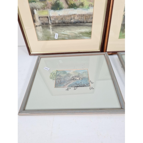 347 - Four various framed pictures to include oil pastel drawing signed A. Kennedy, oil pastel drawing of ... 