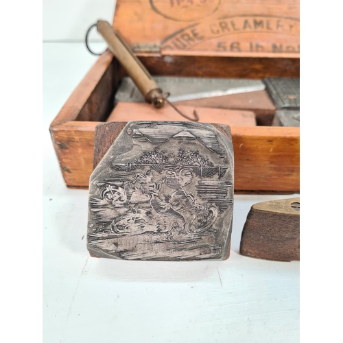 364 - A vintage wooden box containing various items to include metal & wooden printing blocks, W. Marples ... 