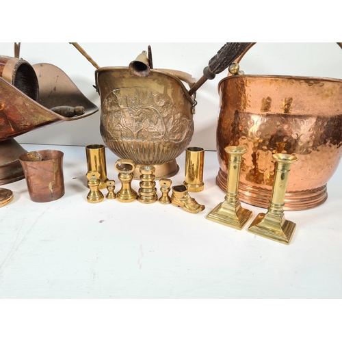 278 - A large collection of assorted vintage metalware to include Victorian copper helmet coal scuttle wit... 