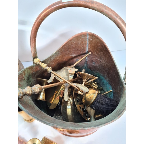 278 - A large collection of assorted vintage metalware to include Victorian copper helmet coal scuttle wit... 