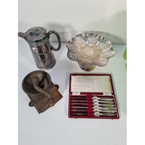 279 - A collection of assorted metalware to include Baldwin Son & Co coffee mill grinder, H W & Co EPNS ha... 