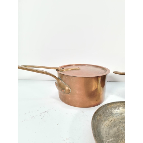 287 - Five pieces of vintage Helvetia copper kitchenware to include three lidded sauce pans and two frying... 