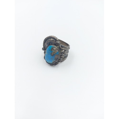 69A - A collection of various loose and worked gemstones to include turquoise white metal ring, pair of tu... 