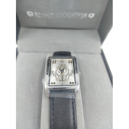 92 - A boxed Charles Rennie Mackintosh design ladies wristwatch with black leather strap