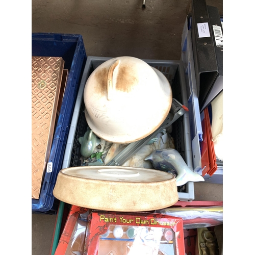 1416 - Four boxes containing green cast iron weighing scales with brass bowl & weights, ceramic dolphins, c... 