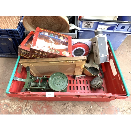 1416 - Four boxes containing green cast iron weighing scales with brass bowl & weights, ceramic dolphins, c... 