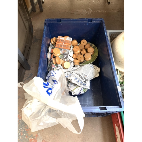 1416 - Four boxes containing green cast iron weighing scales with brass bowl & weights, ceramic dolphins, c... 