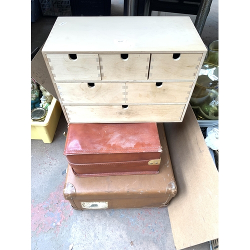 1420 - Three items, one vintage brown suitcase, one small wooden storage chest and one brown leather briefc... 