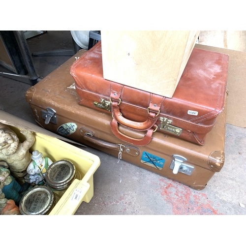 1420 - Three items, one vintage brown suitcase, one small wooden storage chest and one brown leather briefc... 