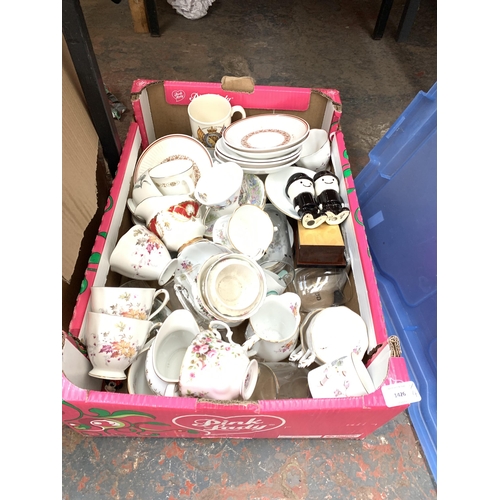 1426 - Three boxes and one bag containing various china to include three Spode Clifton tea cups, Wedgwood j... 