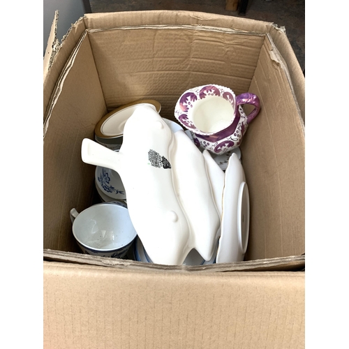 1426 - Three boxes and one bag containing various china to include three Spode Clifton tea cups, Wedgwood j... 