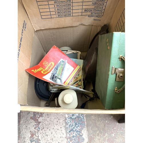 1435 - Four boxes containing glassware, vintage Mecano & Tri-Ang railway magazines, small green briefcase, ... 