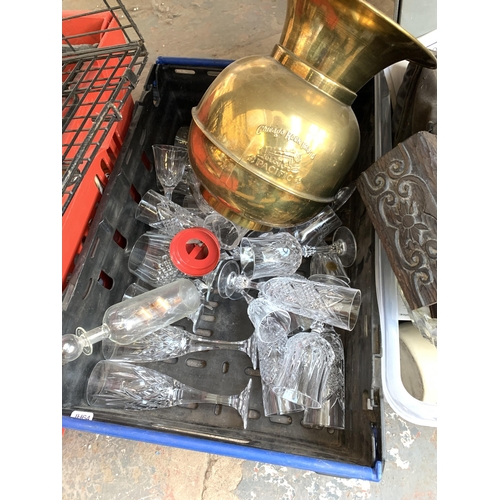 1444 - Four boxes and one suitcase containing Chicago Rock Ireland brass spittoon, pewter coffee pot, LP re... 