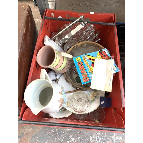 1444 - Four boxes and one suitcase containing Chicago Rock Ireland brass spittoon, pewter coffee pot, LP re... 